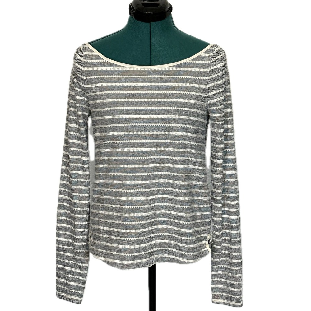 Anthropologie Postmark Striped Boat Neck Top Sz Medium Gray White Textured Knit
